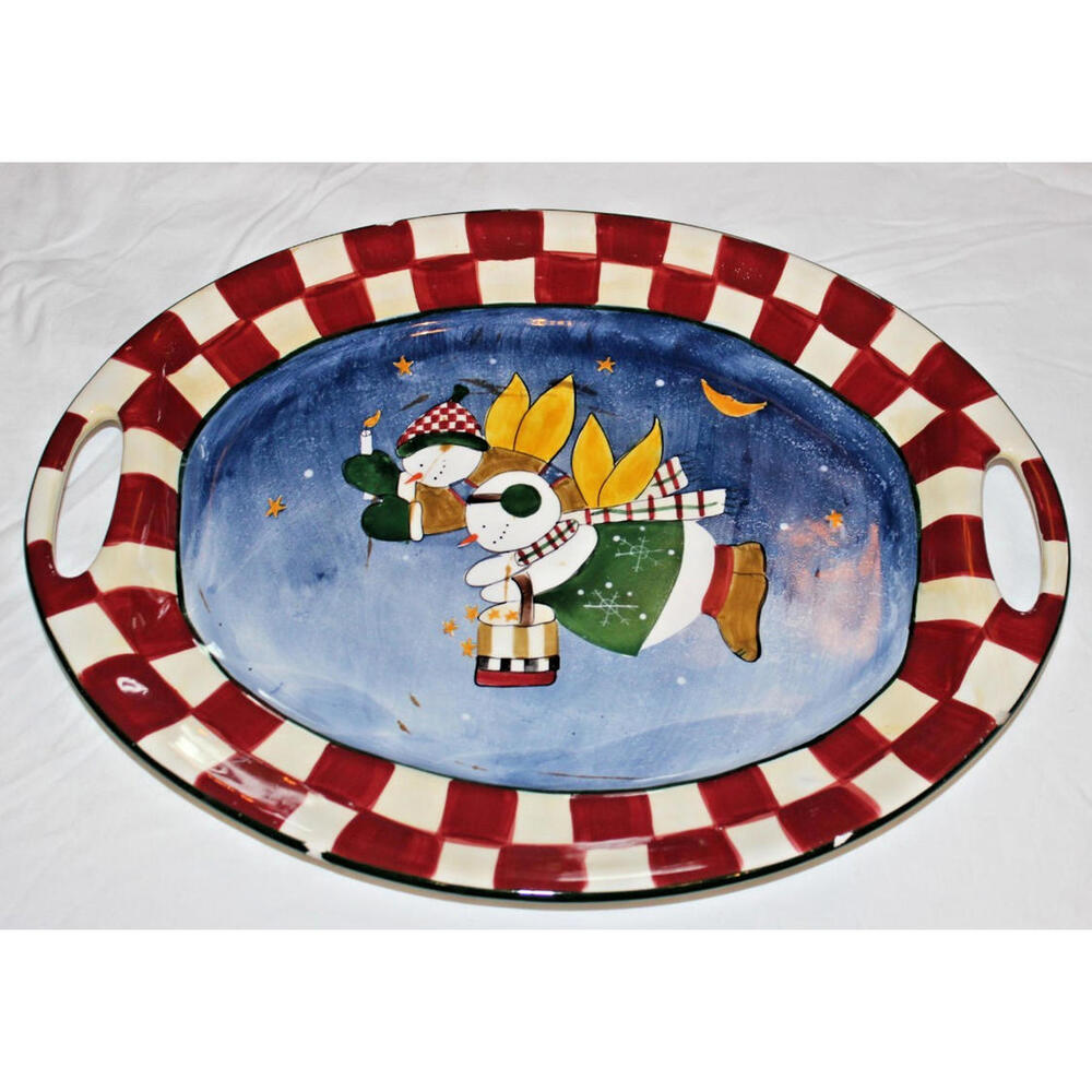 Sakura China Snowman Large Oval Handled Serving Tray 18.5 x 14.25 Holiday Plate